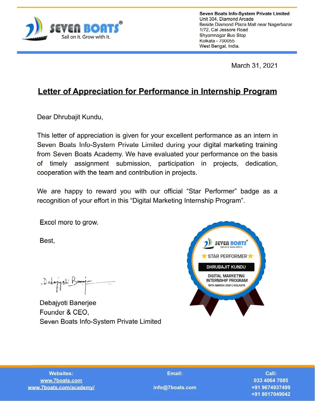 Digital Marketing Internship letter and star performer badge from Seven Boats