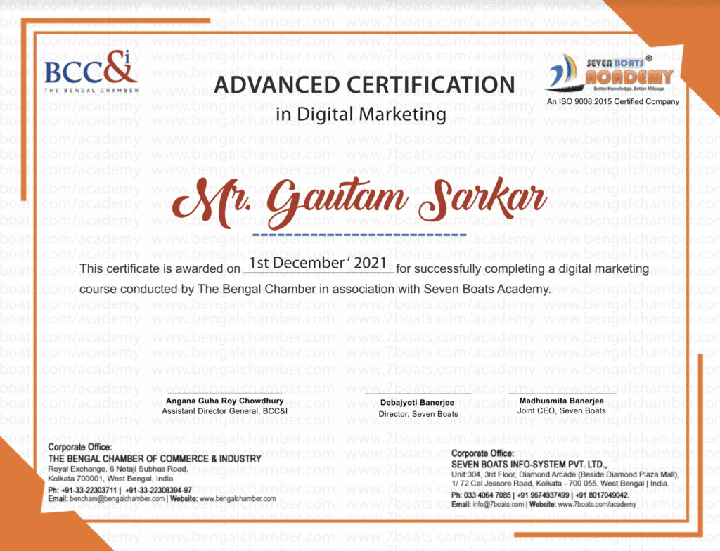 Advanced Certification in Digital Marketing by Seven Boats and Bengal Chamber of Commerce