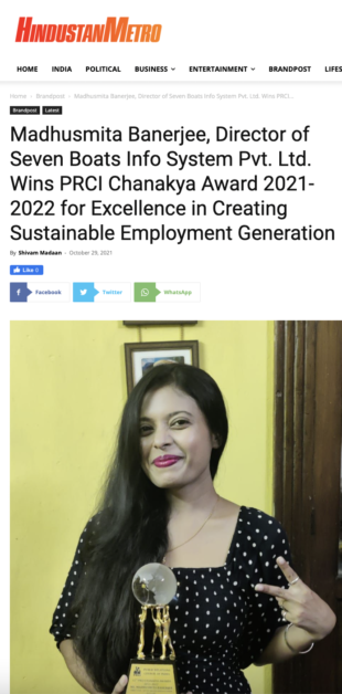 Madhusmita Banerjee, Director of Seven Boats Info System Pvt. Ltd. Wins PRCI Chanakya Award 2021-2022 for Excellence in Creating Sustainable Employment Generation